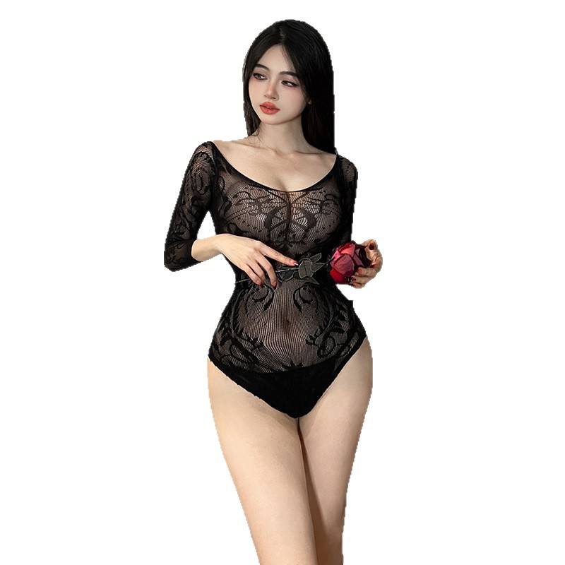 Long-Sleeved Sheer Lace One-Piece Lingerie, Black Open-Crotch Design, One Size - Image 5