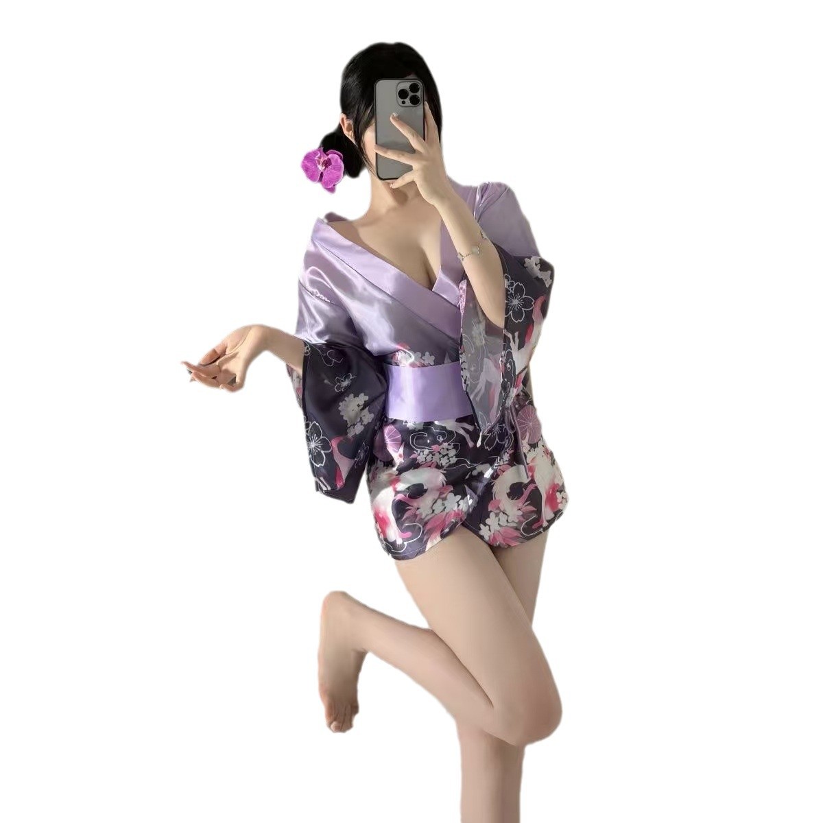 Japanese Kimono Cosplay Lingerie Set with Pink Robe and Body Stocking, Polyester, One Size - Image 5