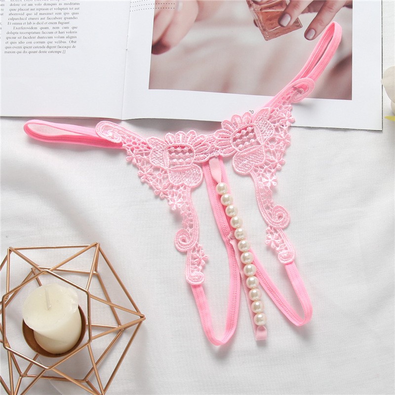 Women's Embroidered Open-Crotch G-String with Pearl Detail, Sheer Hollow Design, Rose Red, One Size - Image 2