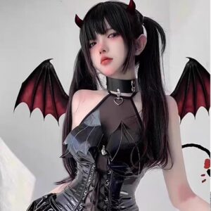 Aifuqu Patent Leather Little Devil Lingerie Set with Neck Ring, Dress and T-Pants