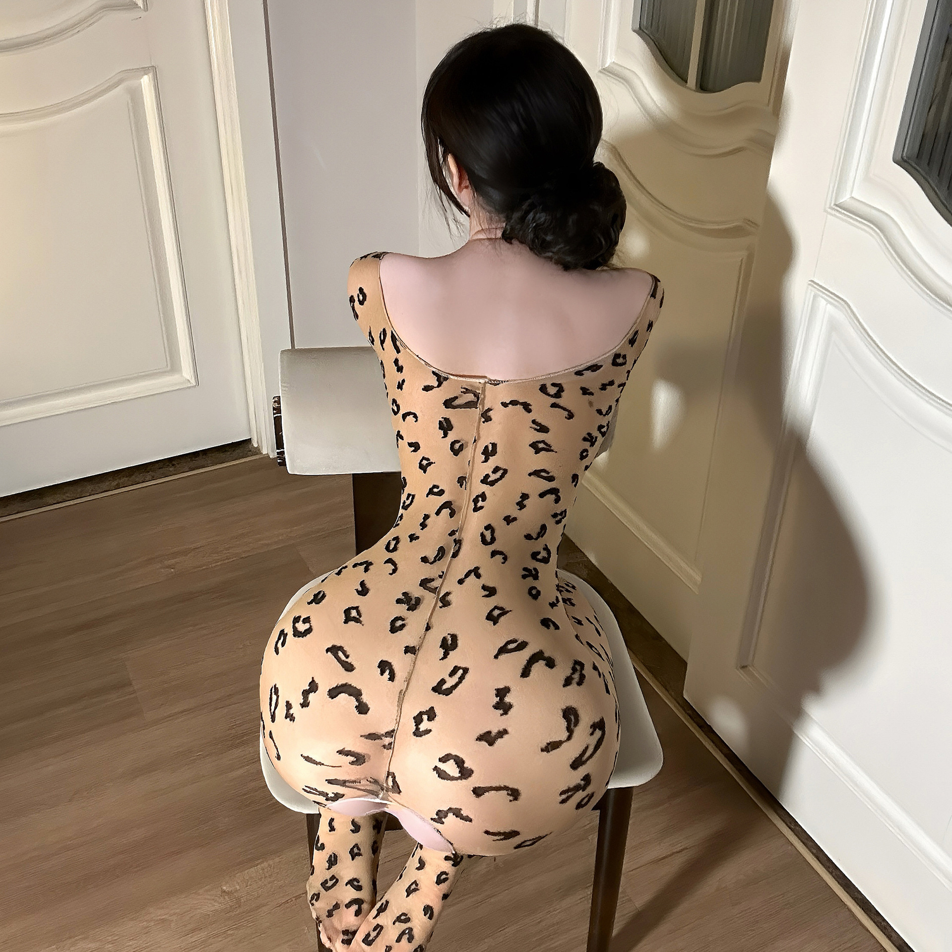Leopard Print Open-Back Bodysuit Lingerie, One-Piece Costume with Open Crotch, Polyester - Image 3