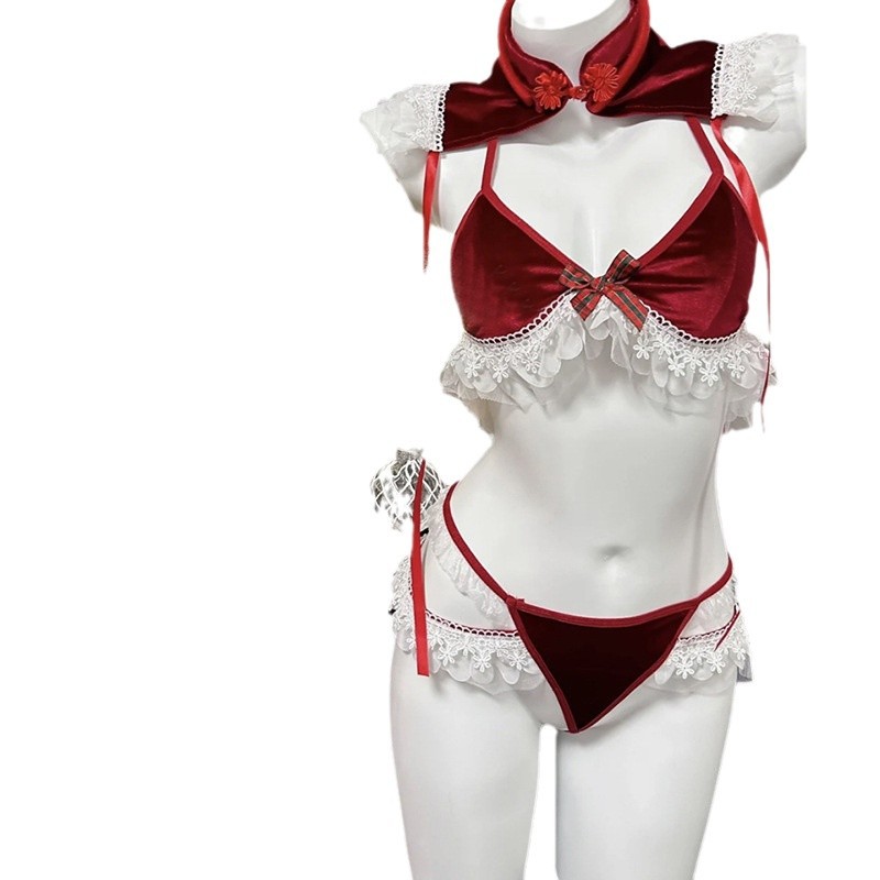 Christmas Bunny Elk Role Play Lingerie Set with Cape, Bra, Panty and Red Fishnet Stockings - Image 5
