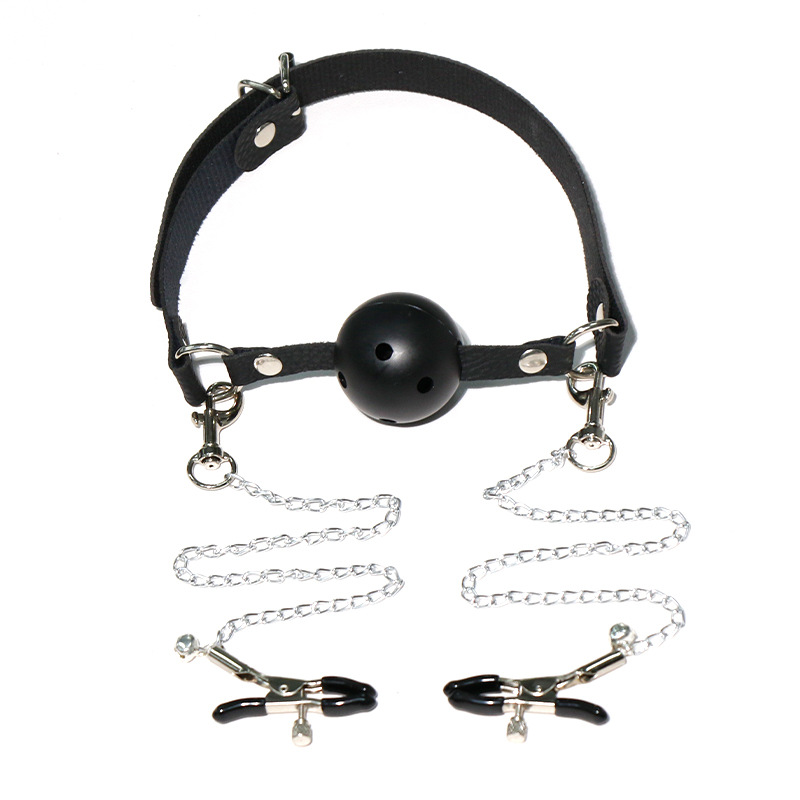 SM Nipple Clamps with Mouth Gag and Bed Straps, Black PU Bondage Set - Image 4