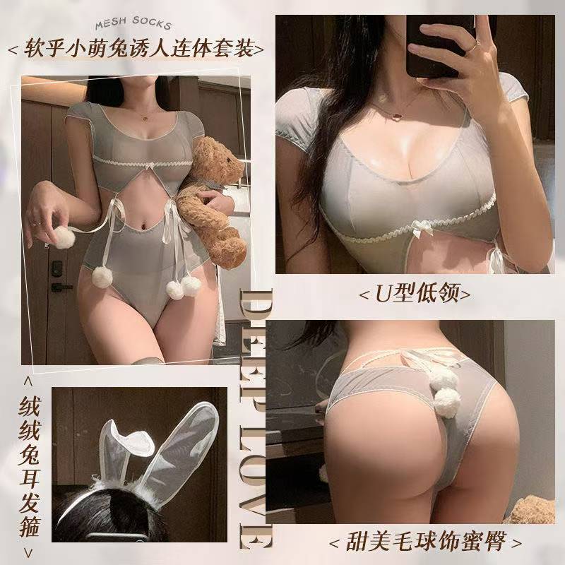 Bunny Girl Bodysuit Costume Set with Ears and White Stockings, Grey Sheer Polyester - Image 4