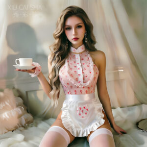 Maid Roleplay Lingerie Set with Apron, Thong, Wristbands and Open-Crotch Stockings
