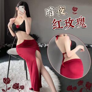 Rose Lady Backless Slit Cheongsam-Style Lingerie Dress with Briefs