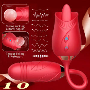 Rose Suction Vibrating Egg with Tongue Licking and Telescopic Motion, Silicone, Pink