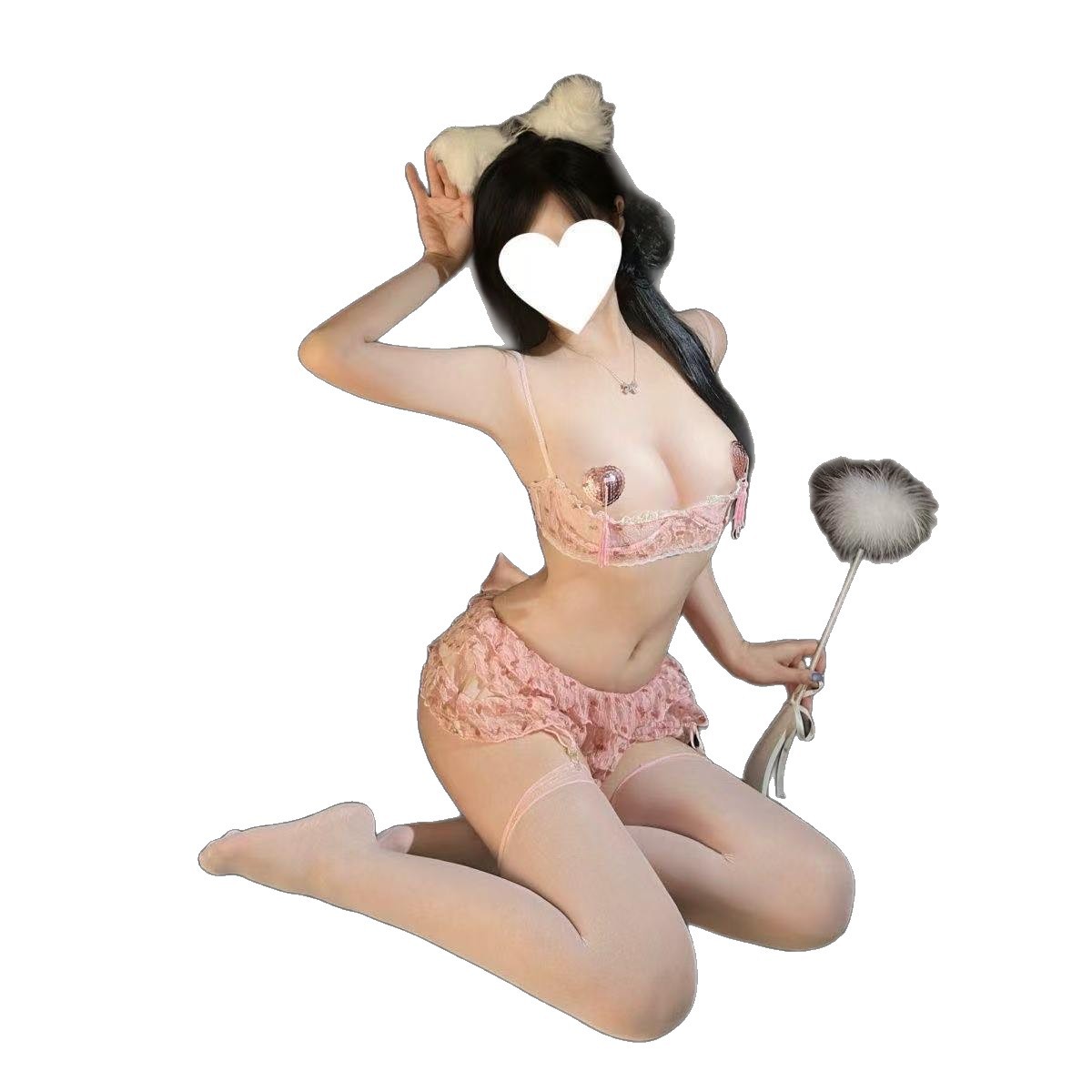 Lace Roleplay Nightgown Set with Breast Pads and White Stockings - Image 5