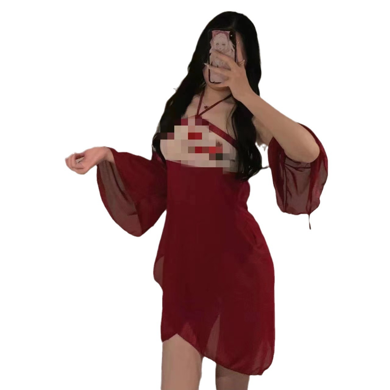 Chinese-Style Halter Belly Dress Pajama Set with Plum Blossom Embroidery and Mesh Sleeves - Image 5