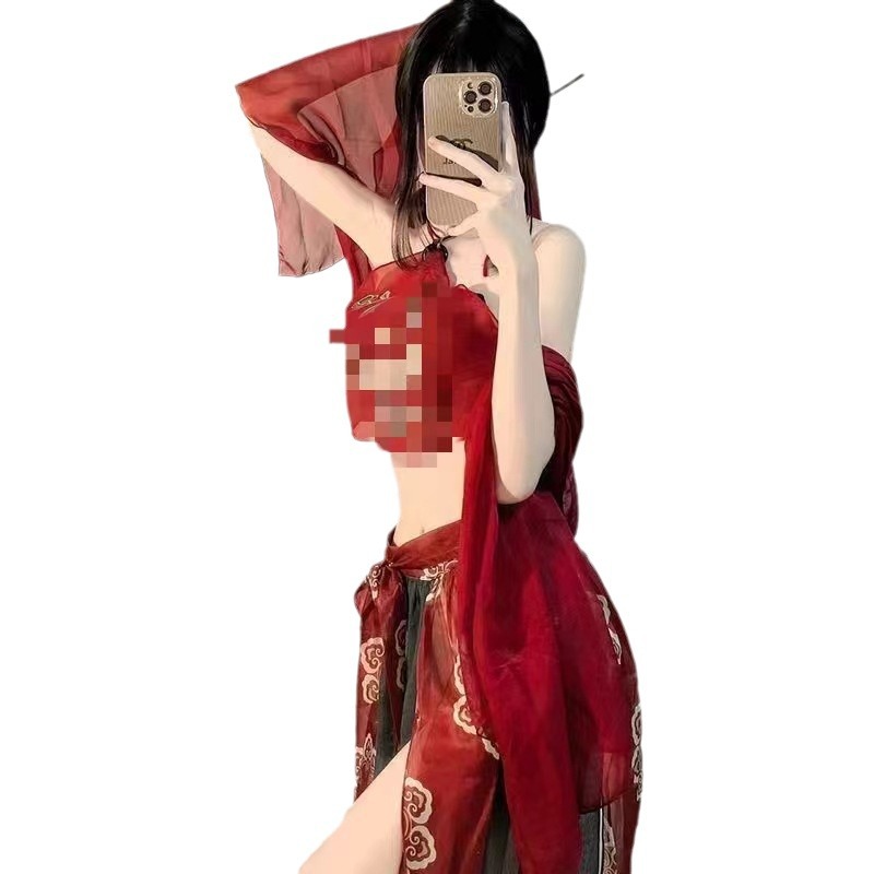 Dunhuang Phoenix Feitian Printed Belly Dance Costume Set with Shawl, Dudou, Skirt and Thong - Image 5