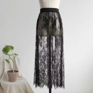 White Lace Cheongsam Set with Petticoat, Mesh Half-Skirt and Black Underdress