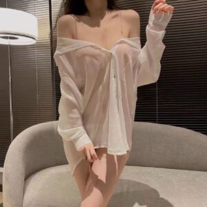 Chiffon V-Neck Off-Shoulder Chain Strap Babydoll Nightdress in White One Size