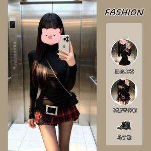 French-Style Retro Two-Piece Set: Solid Base Shirt and Plaid JK Short Skirt with Belt