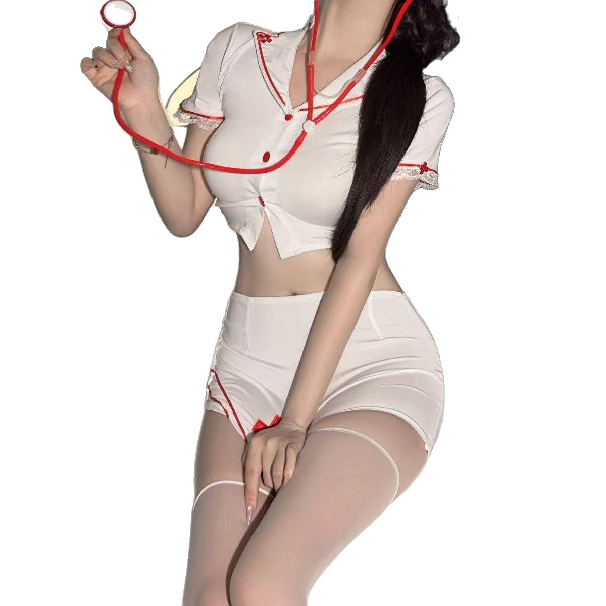 Nurse Role-Play Lingerie Set with Short-Sleeved Slit Dress and White Bodystockings - Image 5