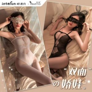 Feimu Jacquard Open-Crotch Bodystocking in Black Velvet, One Size