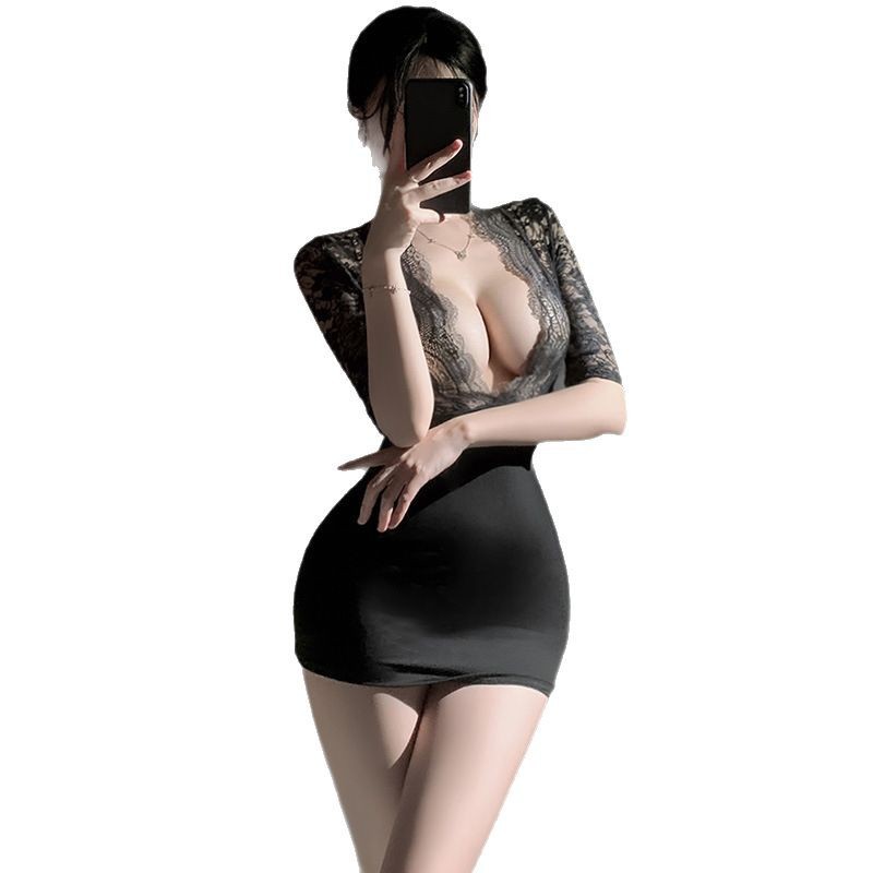 Feimu Deep V Lace See-Through Secretary Costume with Hip Skirt, Thong and Tights - Image 5