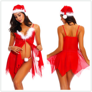 Women's Christmas Lingerie Set with Hat, Mesh Dress and Thong, Red One Size