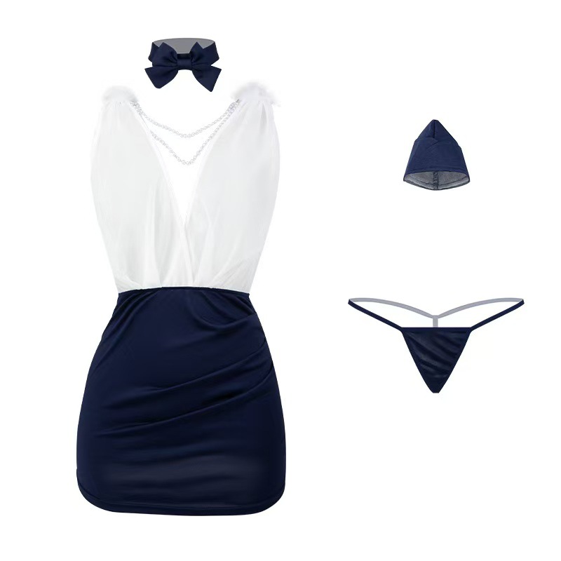 Stewardess Role-Play Lingerie Set with Deep V See-Through Top and Hip Skirt - Image 5