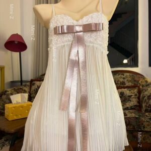 Deep V-Neck Lace Camisole Nightgown with Built-in Bra, Pink Bow Detail