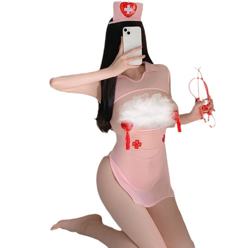 Nurse Roleplay Lingerie Set with Mesh See-Through Skirt and Thong, Pink One Size - Image 5