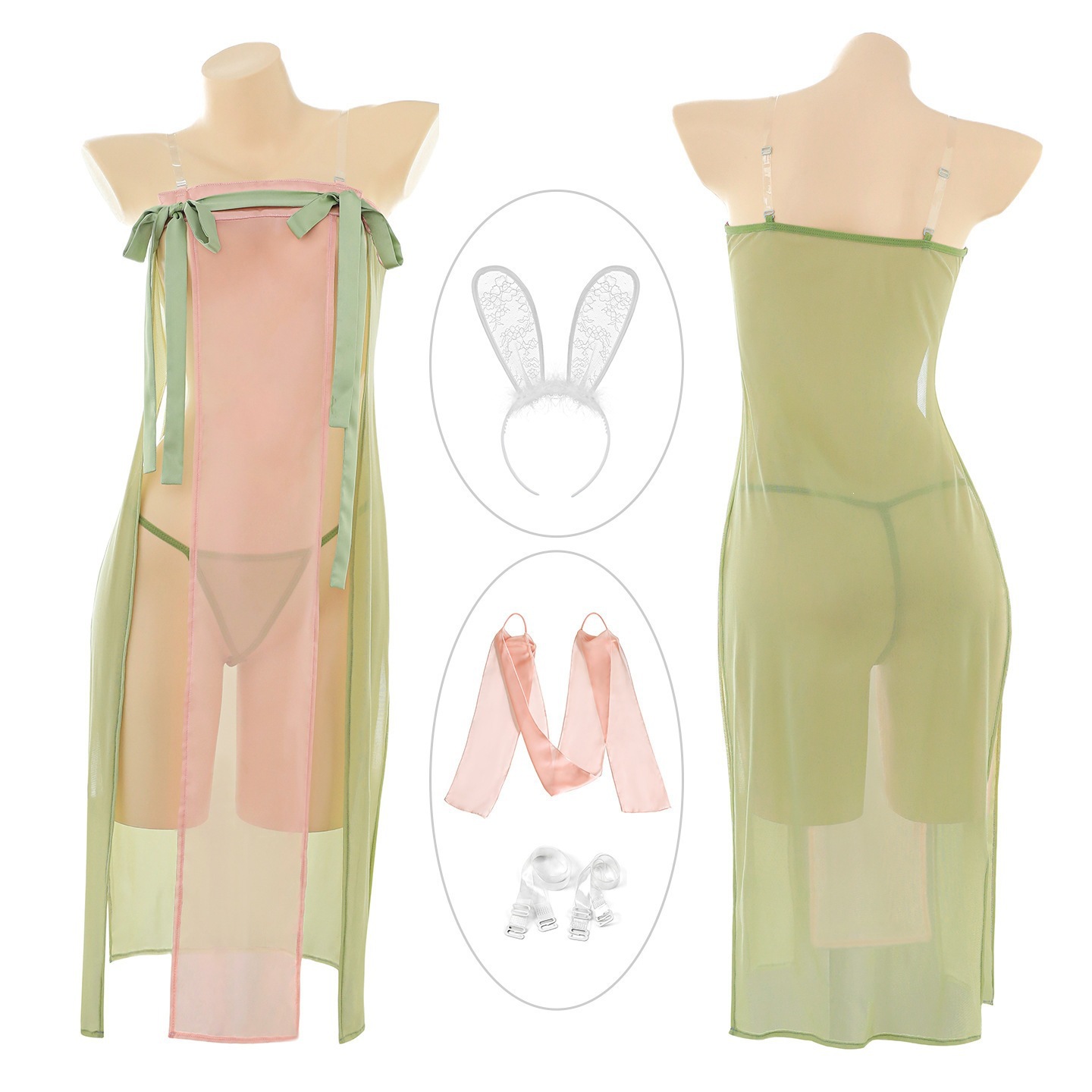 Feimu & Miji Rabbit-Style Sheer Mesh Top and Dress Set with Headband and Gold Chain - Image 5