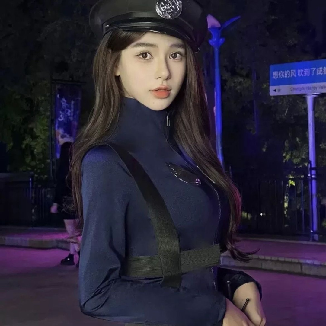 Sexy Policewoman Cosplay Uniform Set with Hat, Tight Jumpsuit, One Size - Image 4