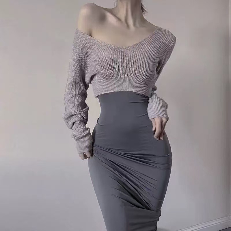 Plus Size Off-Shoulder Backless Two-Piece Sweater Dress Set, Striped Knit, Fall 2024 - Image 4