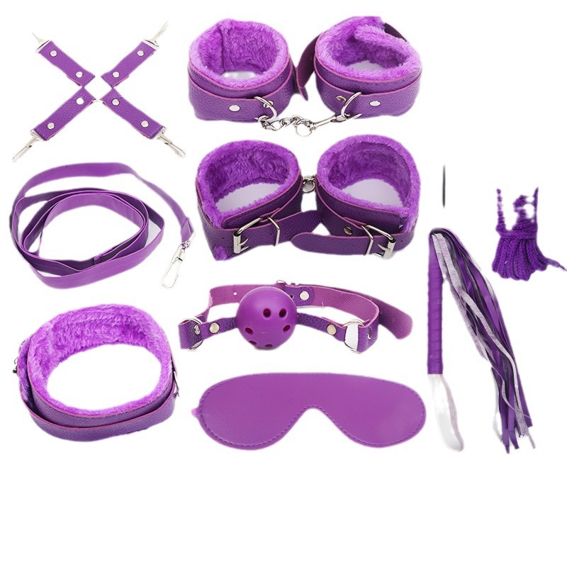 Leather Bondage Set 10-Piece with Plush Lining, Restraints and Whip, Black - Image 5