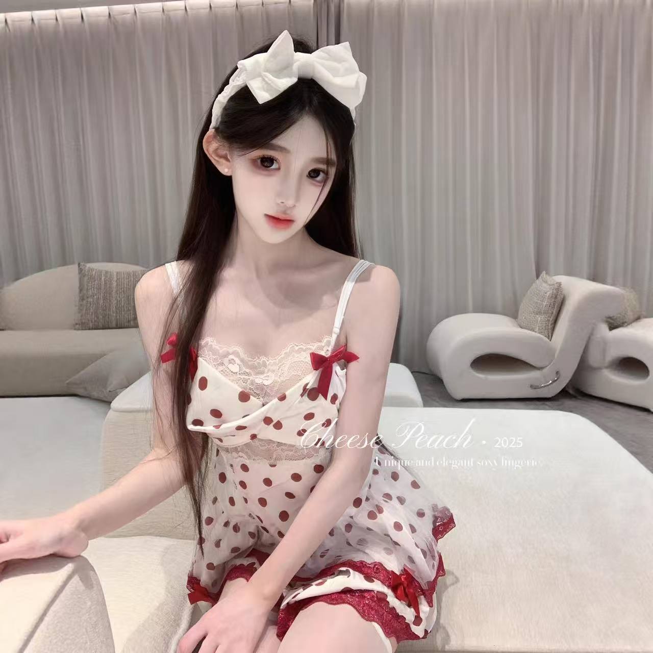 Purely Alluring Polka Dot Lace Camisole Nightgown, Backless Mesh Trim, Women's Date Night Pajama Set - Image 2