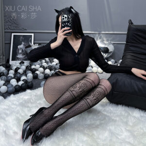 Hollow-Out Fishnet Stockings with Garter Jacquard, High-Waisted Black Mesh Pantyhose