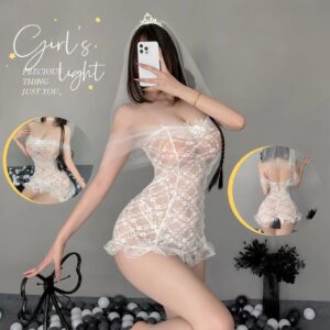 Bride Lace Suspender Nightgown Set with Sheer Babydoll and White Open-toe Stockings