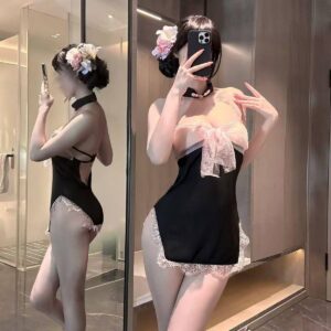 Sexy Cheongsam Roleplay Lingerie Set, Halter Neck See-Through Slit Uniform Dress