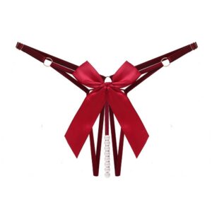 Women's High-Waist Open-Crotch Pearl Massage Panty with Bow and Adjustable Straps