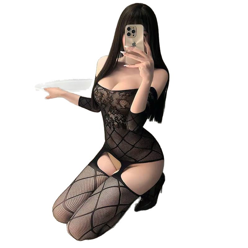 One-Shoulder See-Through Bodysuit with Open-Crotch Fishnet, Long-Sleeve Black Polyester Lingerie - Image 5