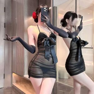 Sheer Mesh Maid-Style Babydoll Nightgown with Bow-Knot Detail and Matching Gloves
