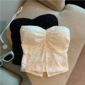 Women's Black Lace Slit Tube Top Bustier with Built-in Chest Pads and Open Back Design