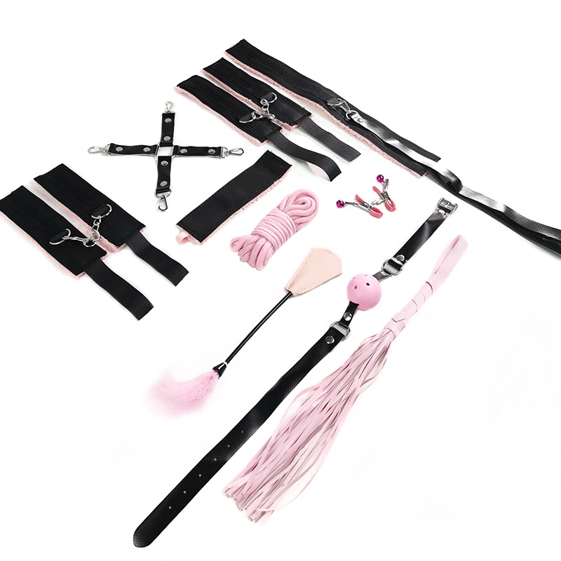 SM Flirting Set with Handcuffs and Nipple Clamps, 10-Piece Black Plush and Webbing Kit - Image 5