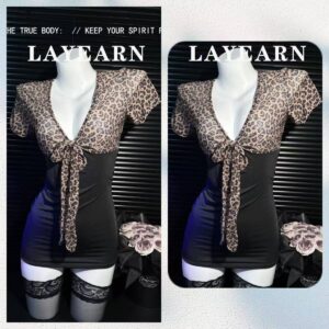 Leopard Print Deep V Lingerie Set with Lace-Up Top and Hip-Hugging Mini Skirt, One-Size Women's Costume