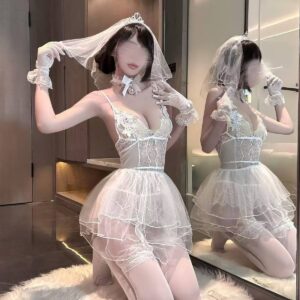 Bridal Lace Lingerie Set with Cut-Out Mesh Detail, Choker Bell and White Stockings