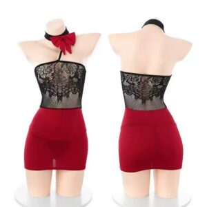 Open-Bust Mesh Babydoll Set, See-Through Lace Lingerie, Red-Black One Size