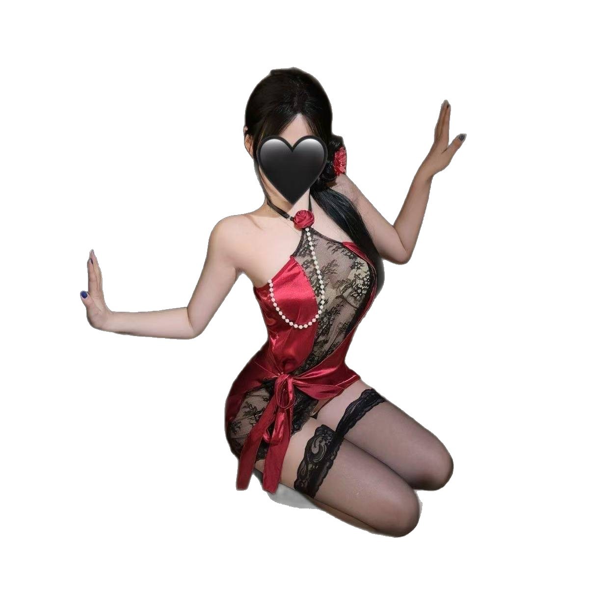 Eternal Night Rose Lace-Up Lingerie Dress Set with Thong, Stockings and Blindfold - Image 5