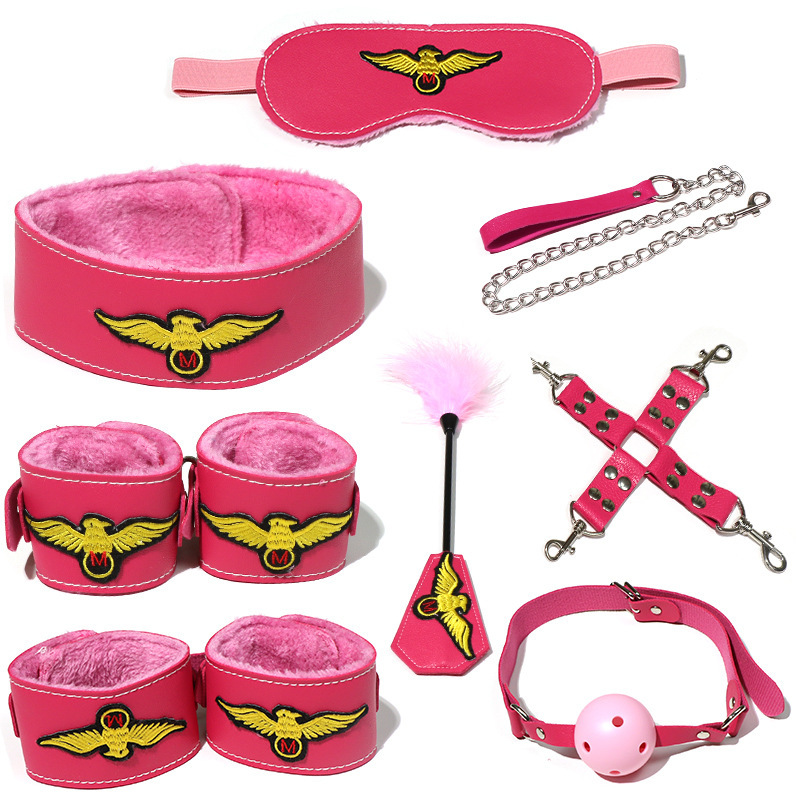 Eight-Piece Faux Leather Bondage Kit with Bed Straps, Pink or Black - Image 4