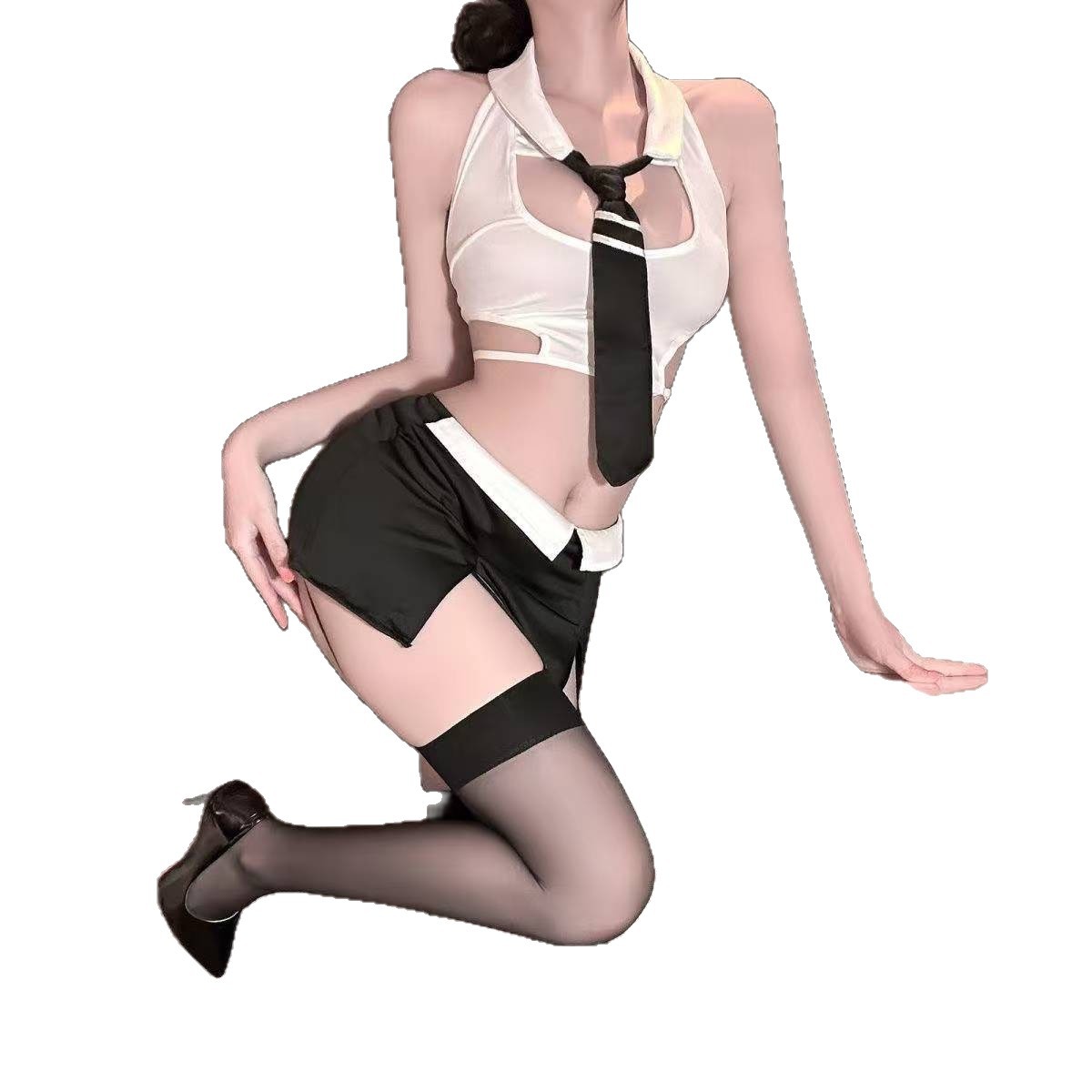 Secretary Roleplay Lingerie Set with Top, Skirt, Bow Tie, Thong and Garters - Image 5