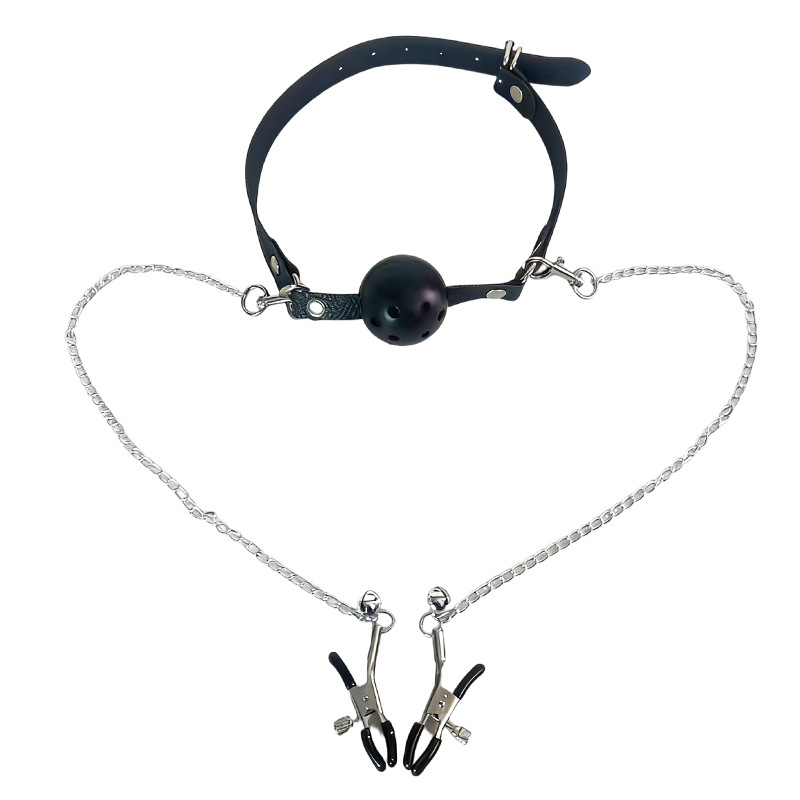 SM Nipple Clamps with Mouth Gag and Bed Straps, Black PU Bondage Set - Image 5