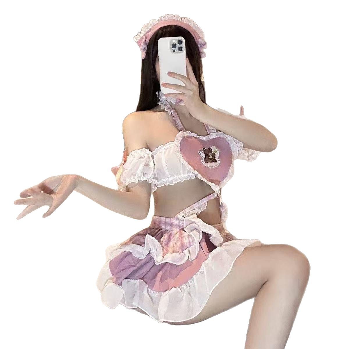 Moe Q Maid Uniform Lingerie Set with White Bodystocking, Chiffon Fabric - Image 5