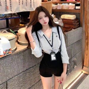 Secretary Roleplay Two-Piece Costume Set with Striped Shirt and Suspender Shorts