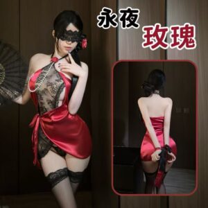 Eternal Night Rose Lace-Up Lingerie Dress Set with Thong, Stockings and Blindfold