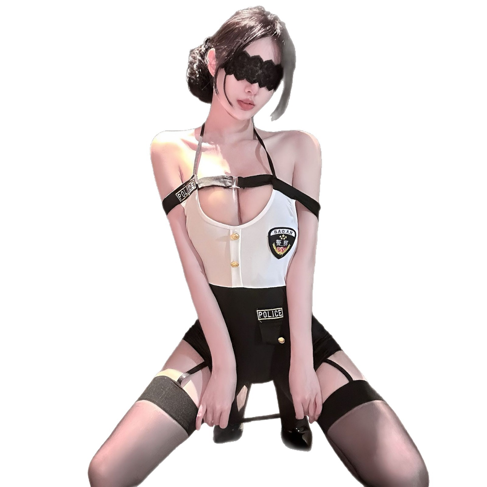 Police Instructor Roleplay Costume Set with Bodysuit and Thong, Black One Size - Image 5