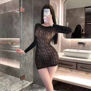 Hollow-Out Fishnet Bodysuit with Short Skirt, Long-Sleeved H-Shaped Black One Size