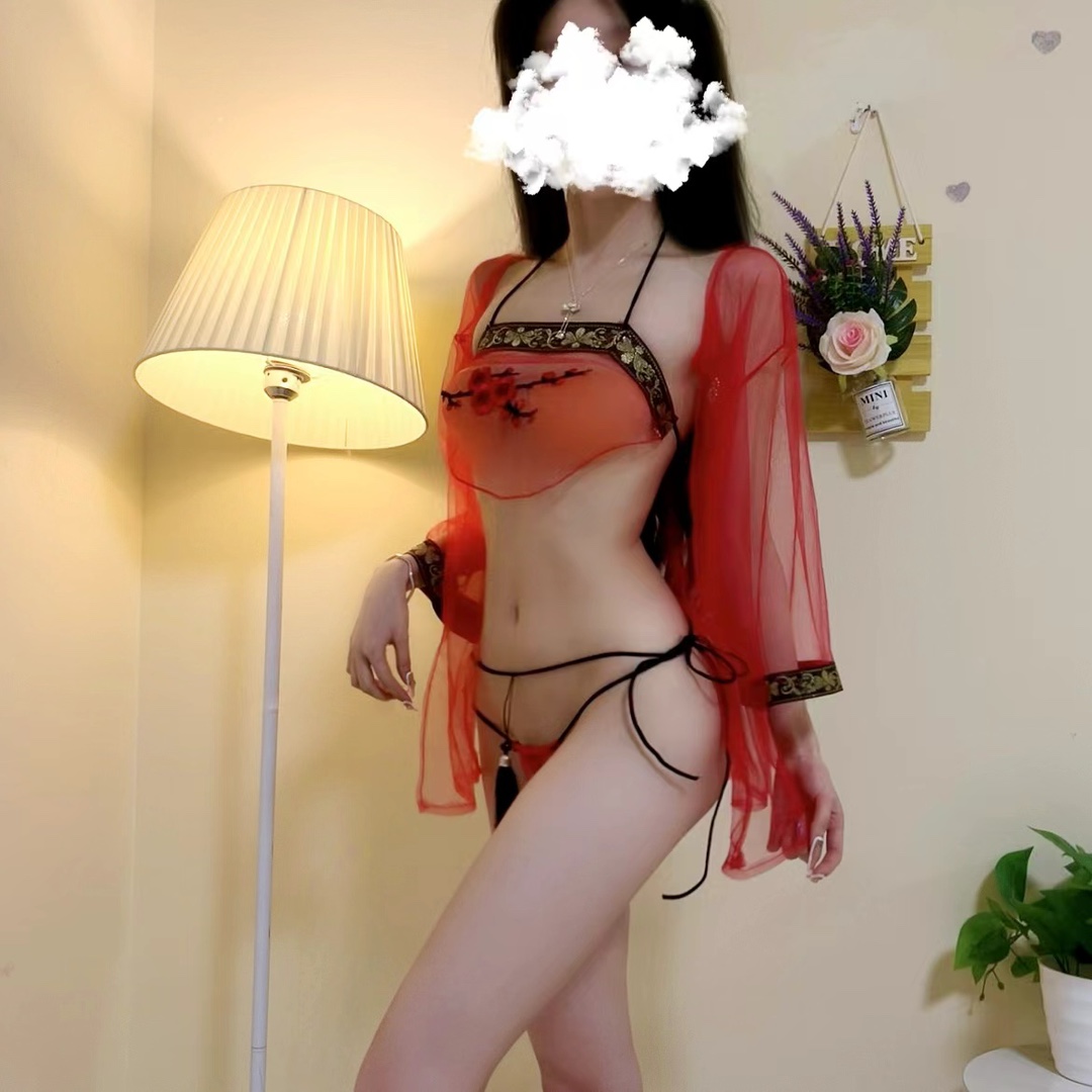 Hanfu-Style Palace Concubine Costume Set with Halter Bellyband, Sheer Dress and Red Fishnet Stockings - Image 2